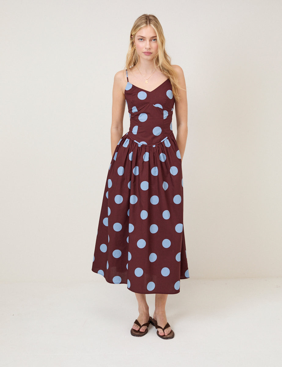 Brown Polka Dot Renley Midi Dress