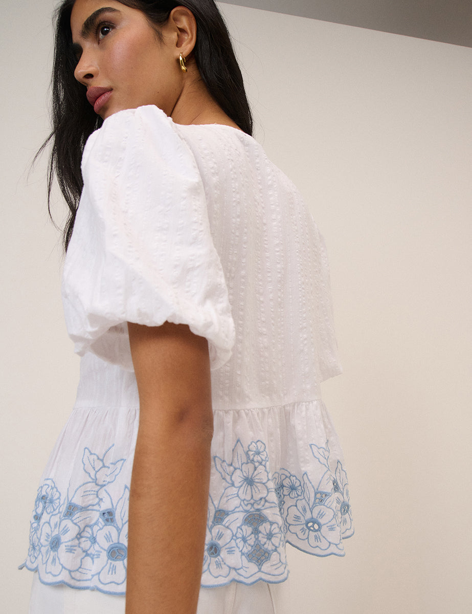 White Floral Embroidered Blouse