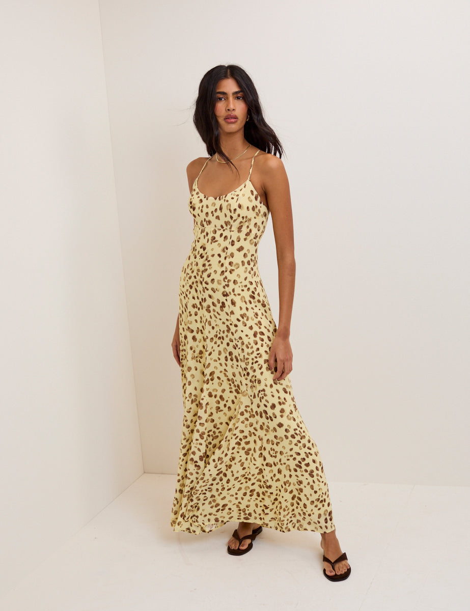 Butter Yellow Leopard Print Kiki Midi Dress