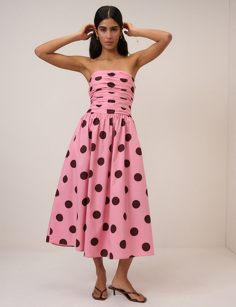 pink polka dot off the shoulder dress Unique Vintage Pink Pin Dot Off The Shoulder Prairie Swing Dress