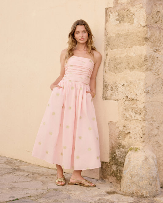 pink embroidery eliza midi dress Pink Sun Embroidered Bandeau Alice Midi Dress