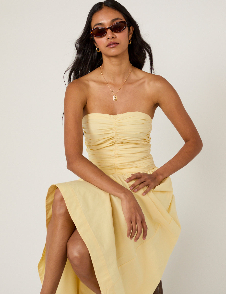 yellow strapless midi dress Light Yellow Midi Dress - Strapless Dress - Pleated Midi Dress