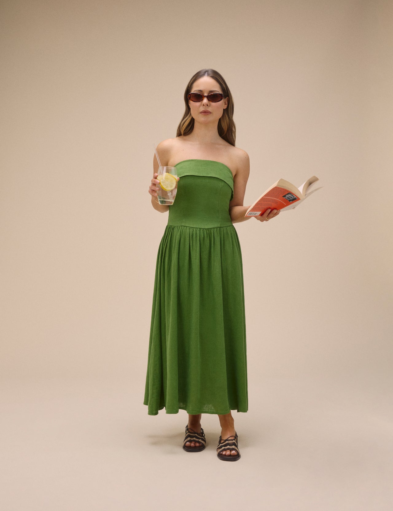 Green Linen-Blend Bandeau Fia Midi Dress Green Linen-Blend Bandeau Fia Midi Dress