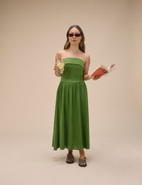 Green Linen-Blend Bandeau Fia Midi Dress