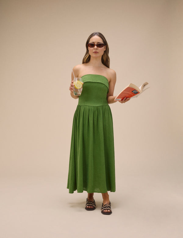 Green Linen-Blend Bandeau Fia Midi Dress