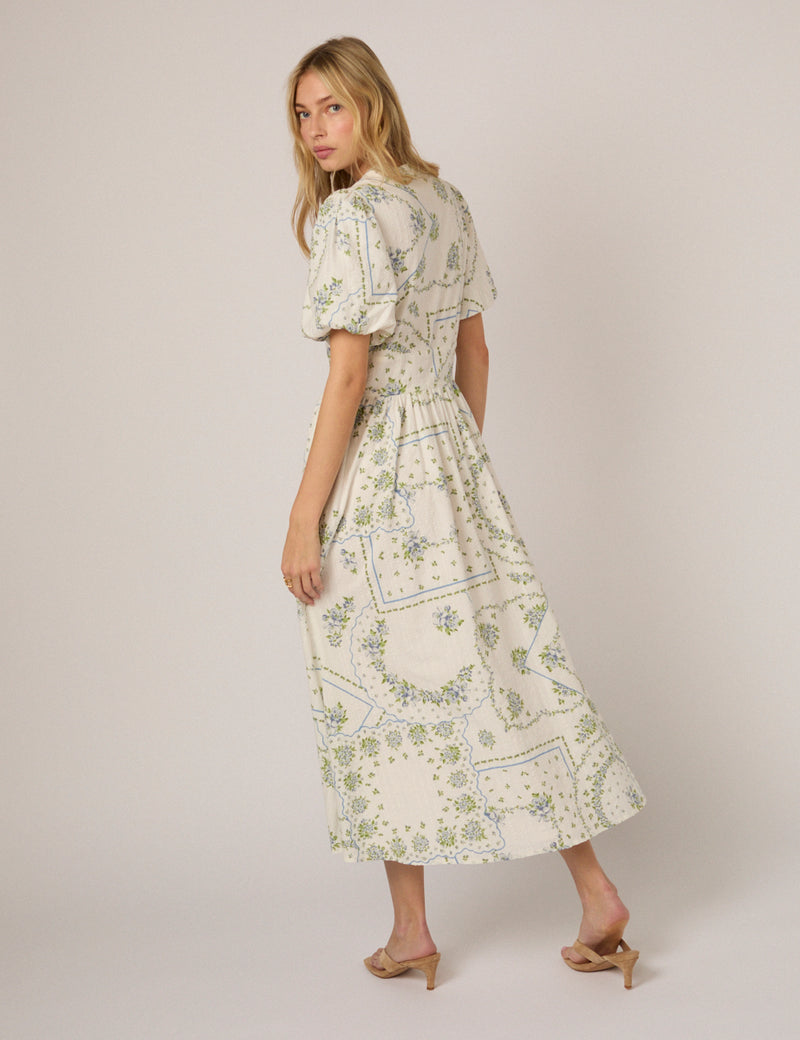 White Short Sleeve Floral Starlight Midi Dress
