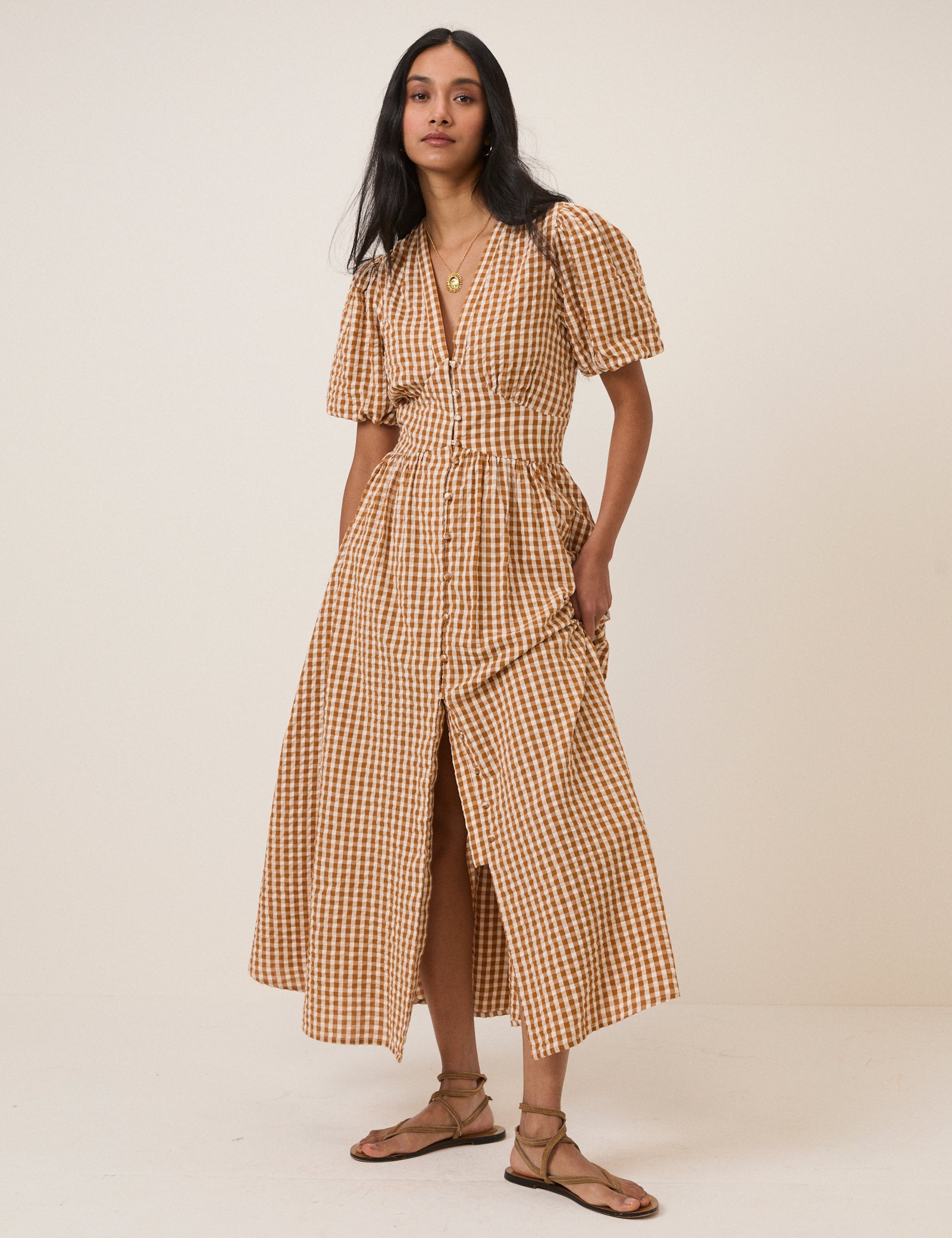 Orange Gingham Short Sleeve Starlight Midi Dress Orange Gingham Short Sleeve Starlight Midi Dress
