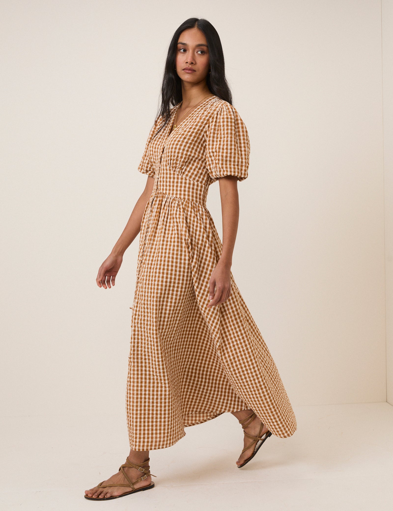 Orange Gingham Short Sleeve Starlight Midi Dress