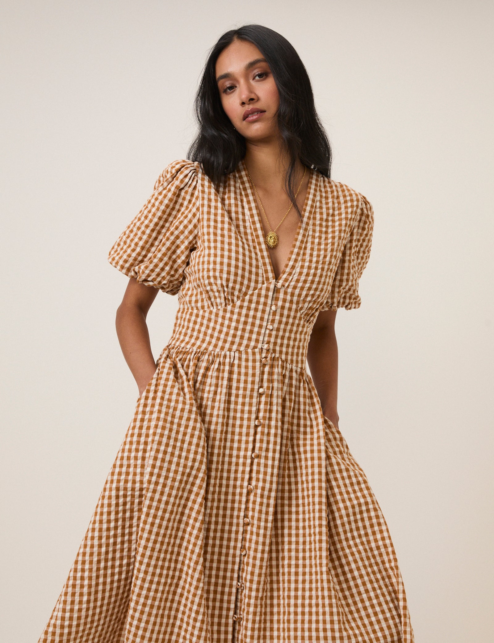 Orange Gingham Short Sleeve Starlight Midi Dress