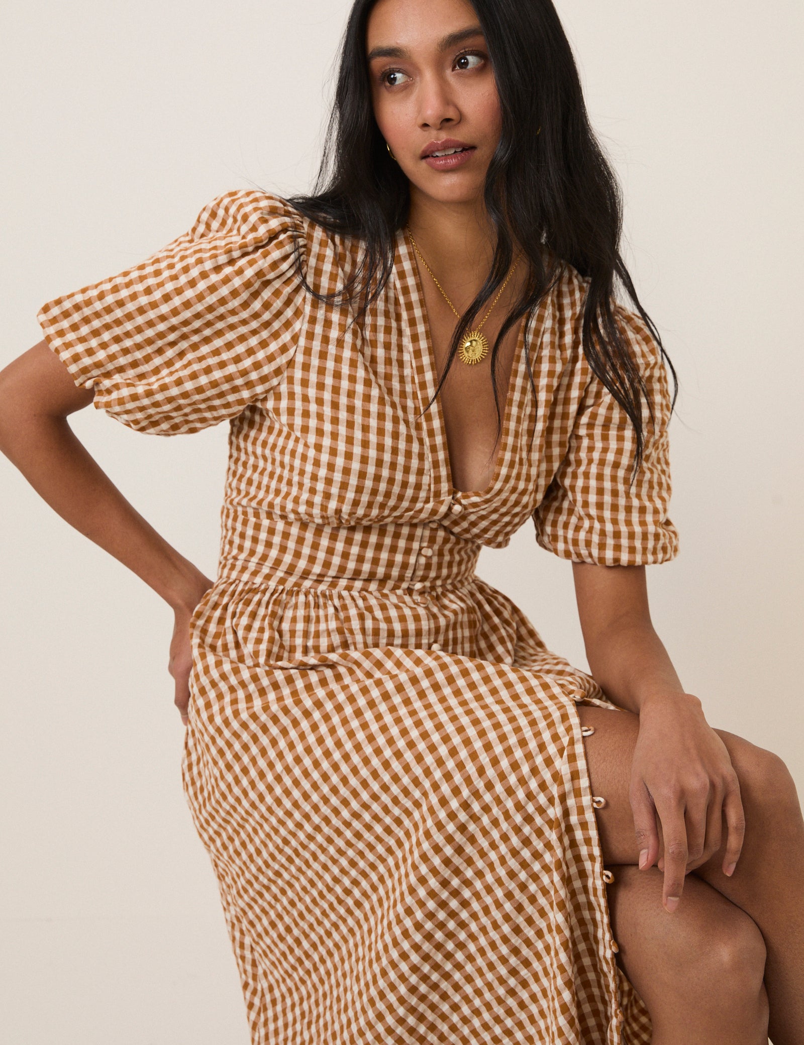 Orange Gingham Short Sleeve Starlight Midi Dress