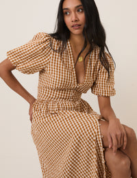 Orange Gingham Short Sleeve Starlight Midi Dress