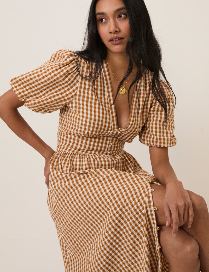 Orange Gingham Short Sleeve Starlight Midi Dress