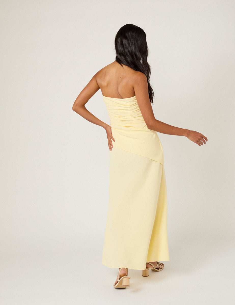 butter yellow strapless dress Butter Yellow Bandeau Kiva Maxi Dress