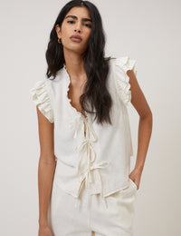 White Linen-Blend Ruffle Tie Front Top