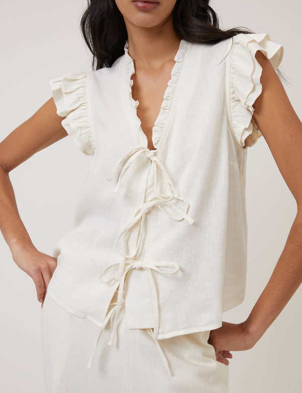 White Linen-Blend Ruffle Tie Front Top