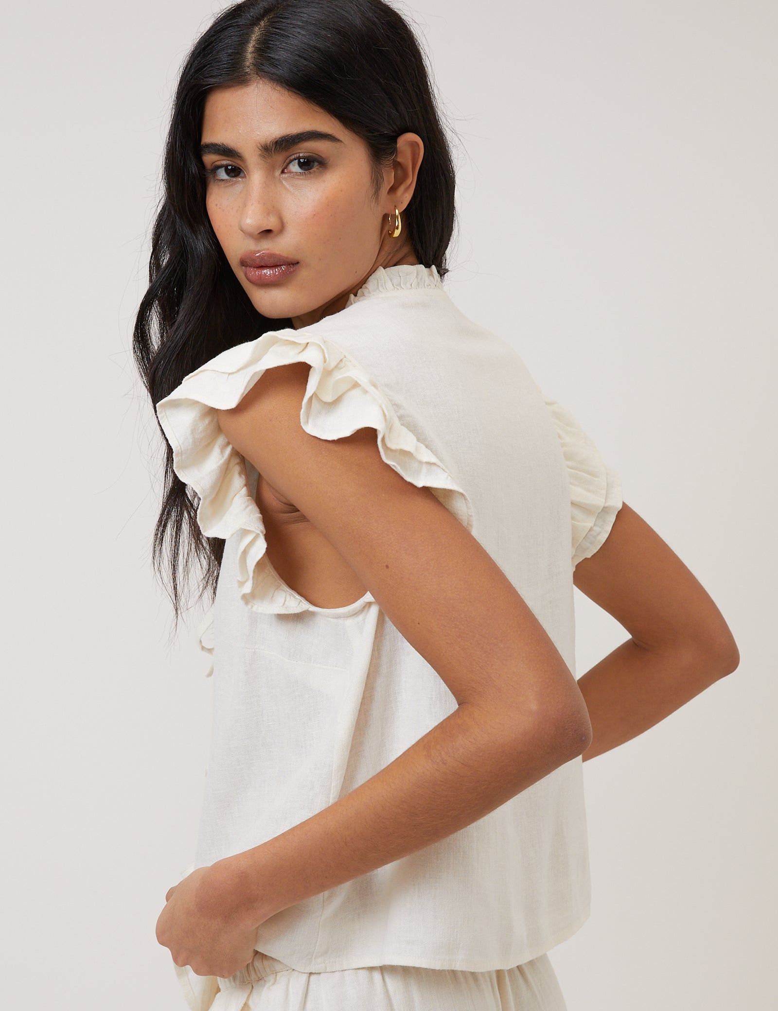 White Linen-Blend Ruffle Tie Front Top