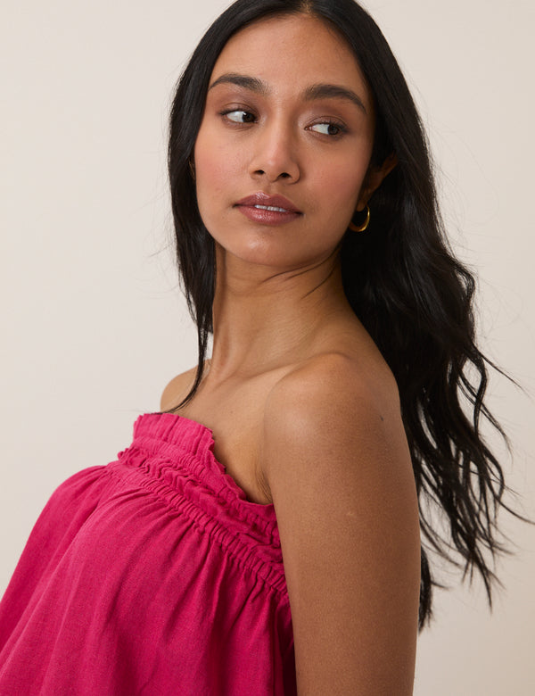 Pink Linen-blend Ruched Bandeau Top