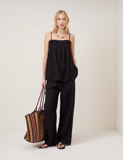 Black Linen-Rich Ruched Bandeau Top
