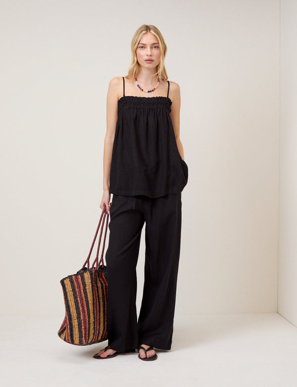 Black Linen-Blend Ruched Bandeau Top