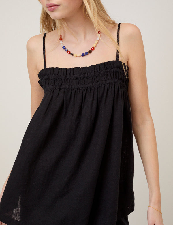 Black Linen-Blend Ruched Bandeau Top