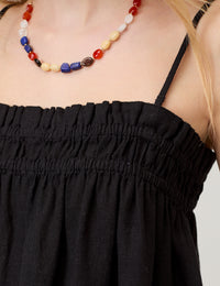Black Linen-Blend Ruched Bandeau Top