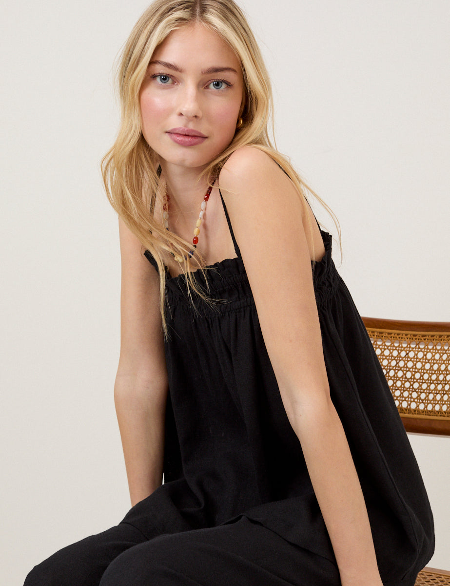 Black Linen-Blend Straight Leg Trousers