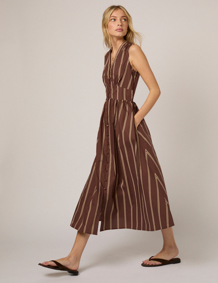 Brown Pinstripe Sleeveless Starlight Midi Dress
