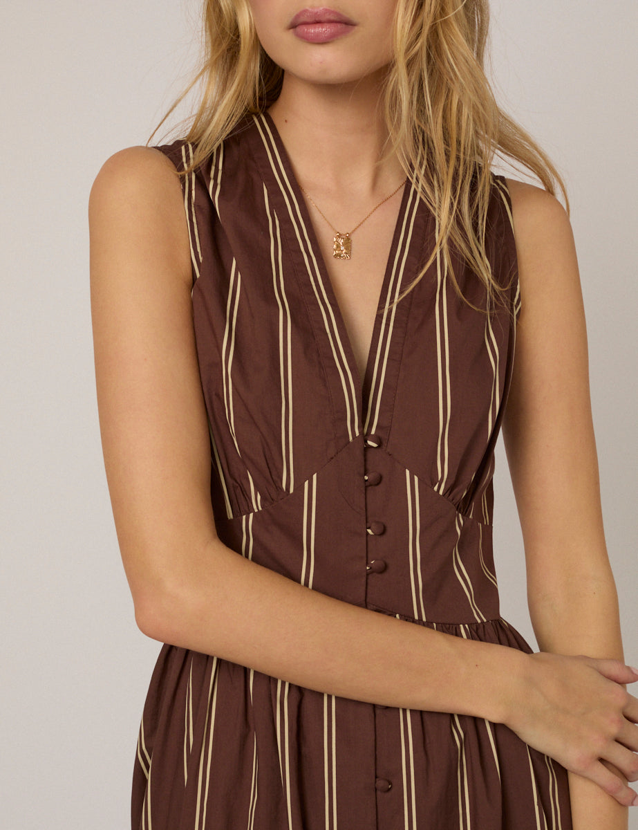 Brown Pinstripe Sleeveless Starlight Midi Dress