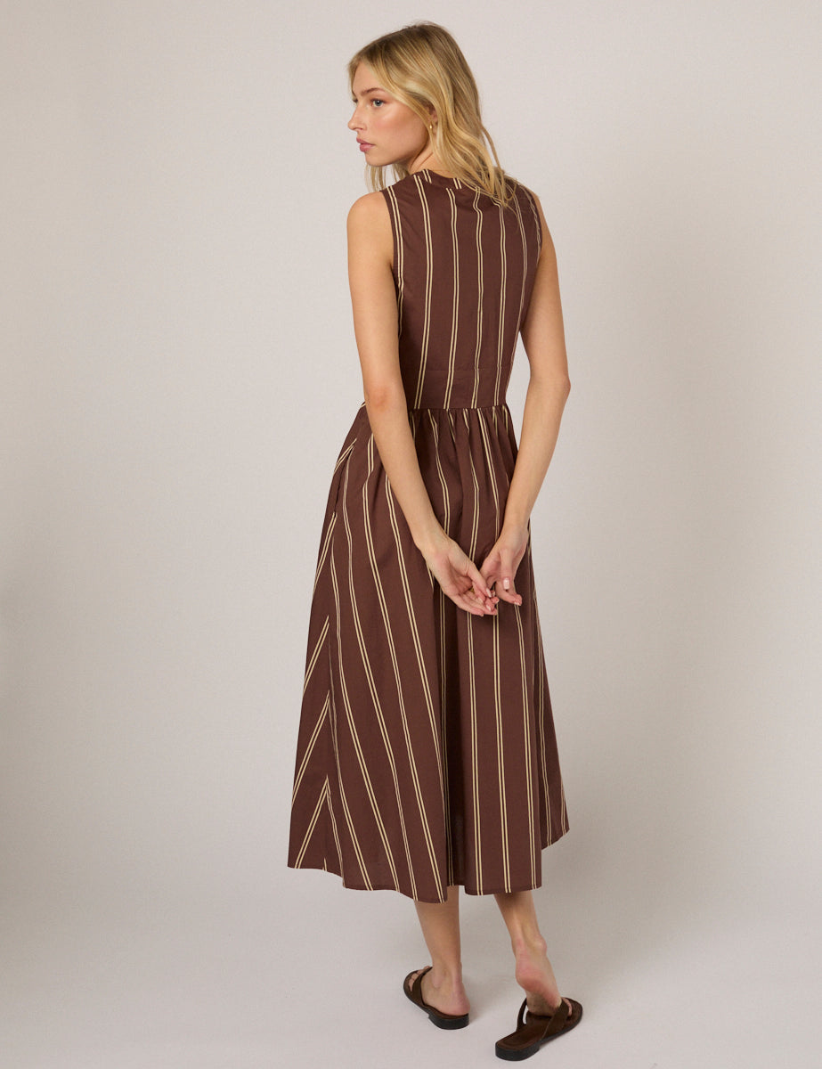Brown Pinstripe Sleeveless Starlight Midi Dress