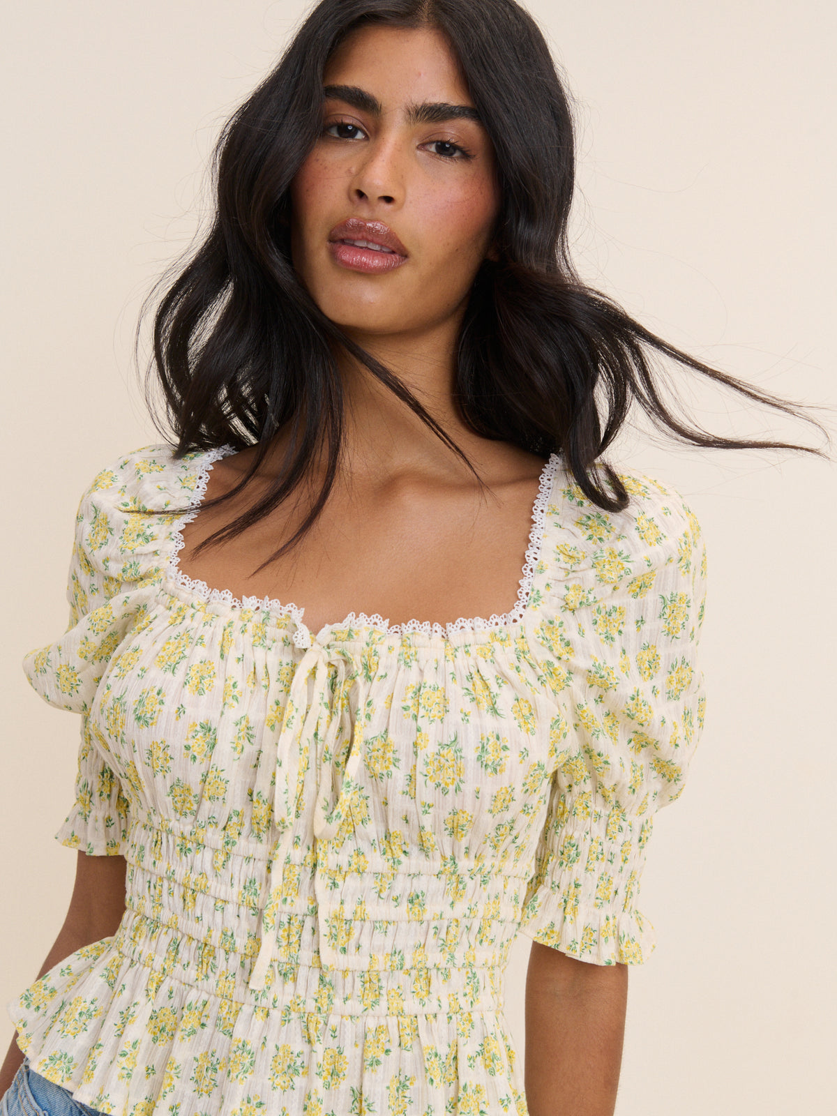 White and Yellow Floral Shirred Top