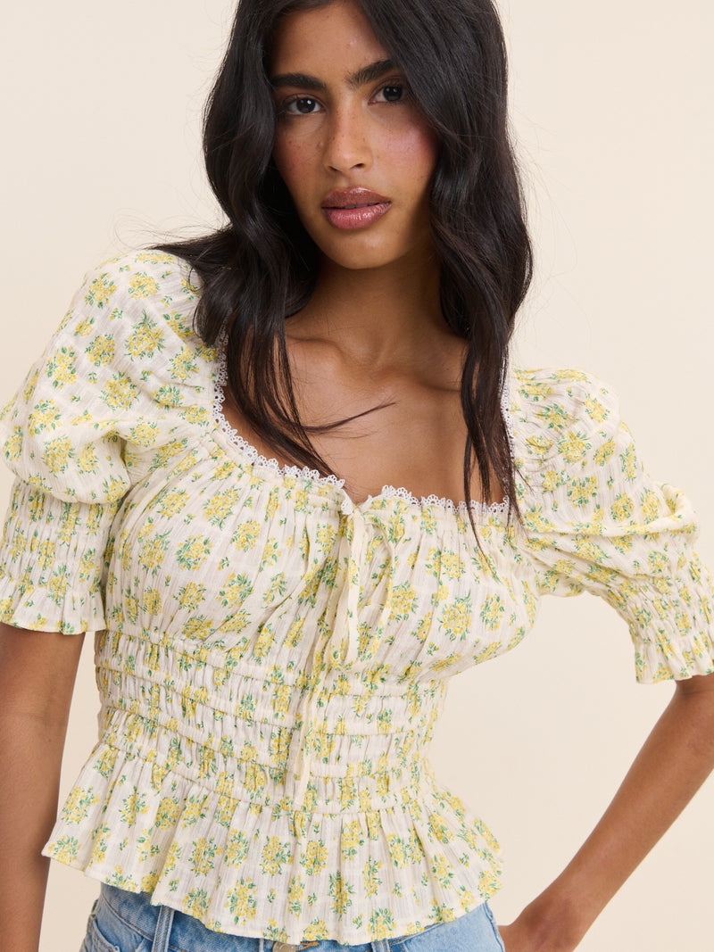 White and Yellow Floral Shirred Top