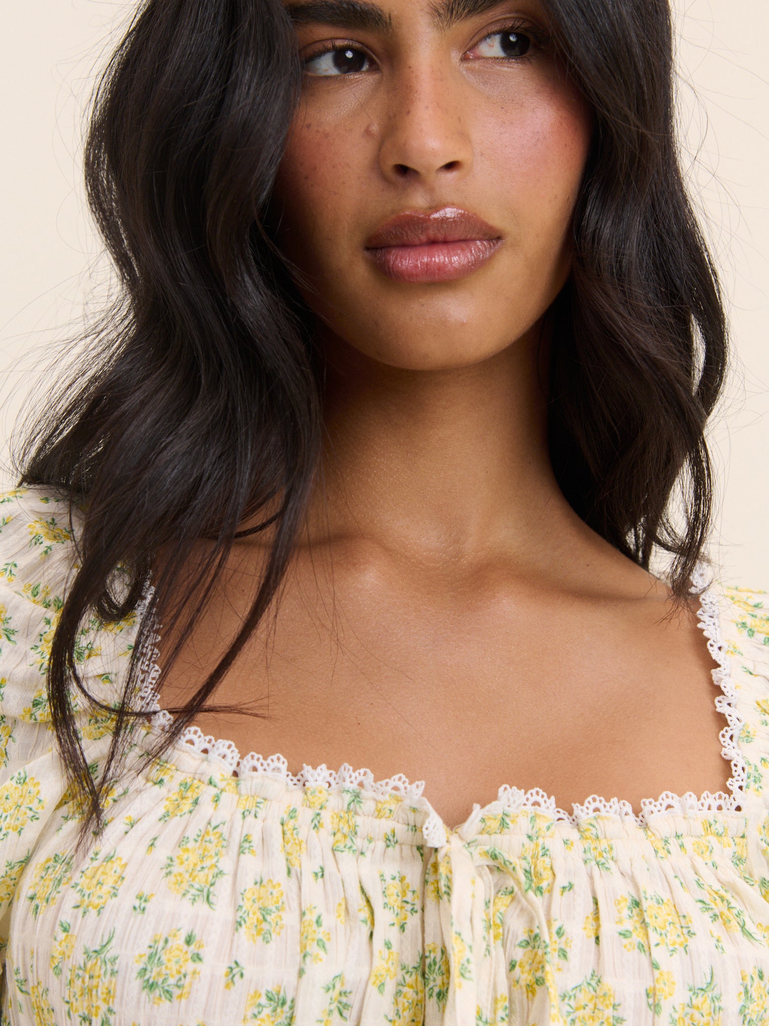 White and Yellow Floral Shirred Top