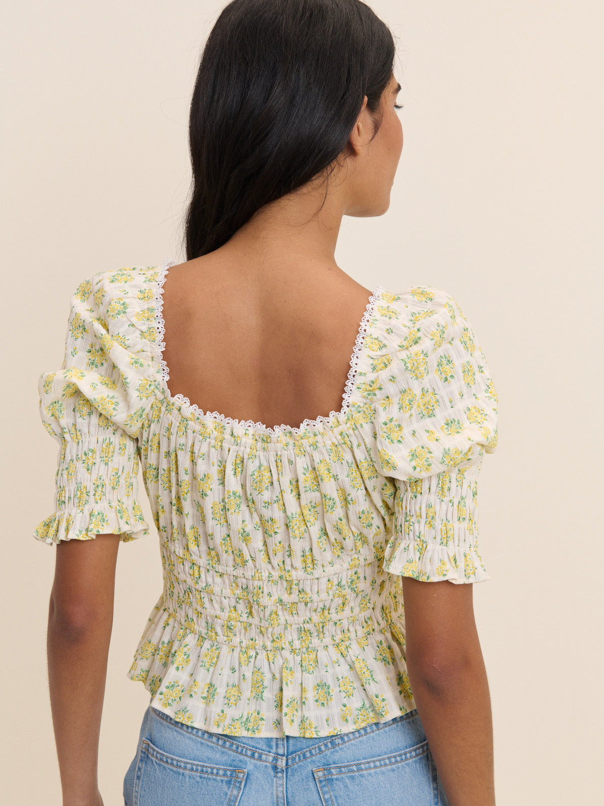 White and Yellow Floral Shirred Top