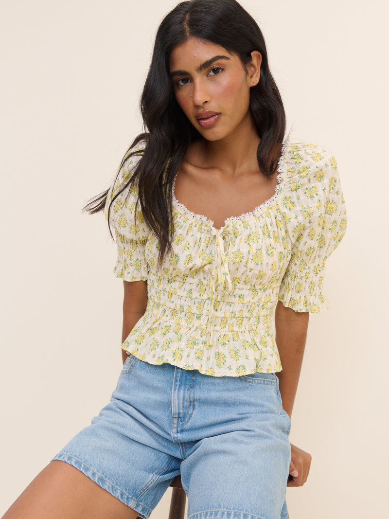 White and Yellow Floral Shirred Top