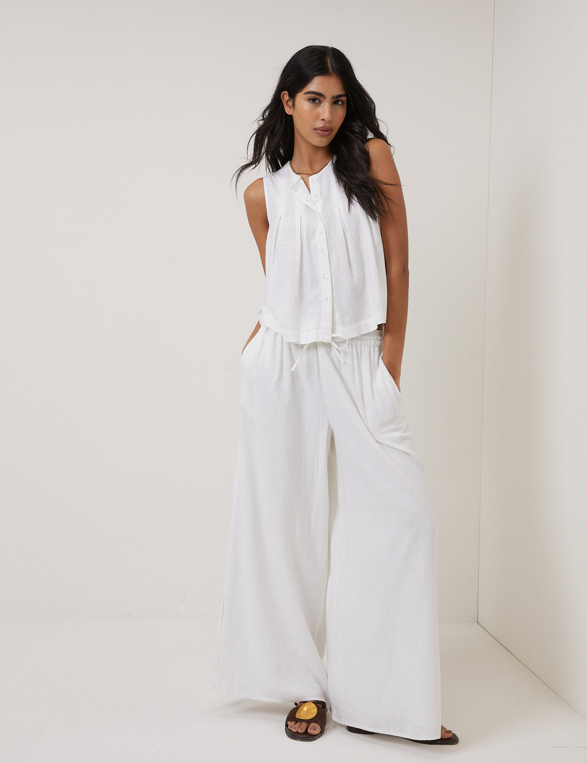 White Pleated Shell Linen-Blend Tate Top
