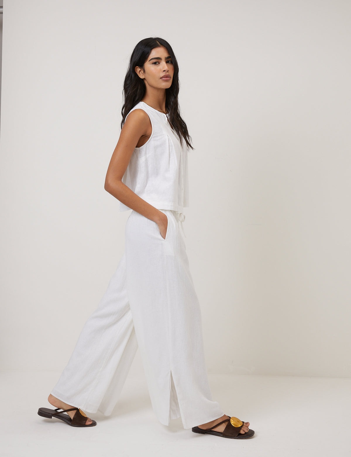 White Pleated Shell Linen-Blend Tate Top