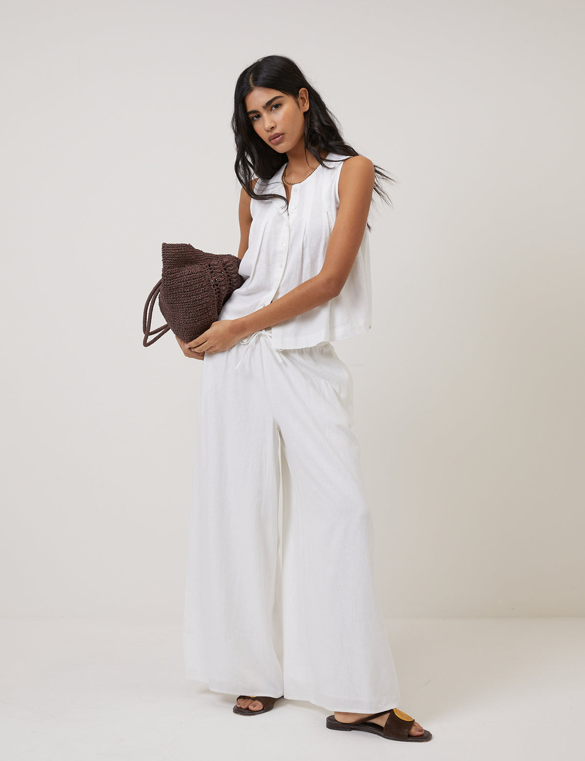 White Pleated Shell Linen-Blend Tate Top