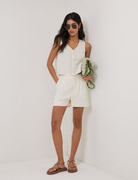 White Linen-Blend V-Neck Cropped Top