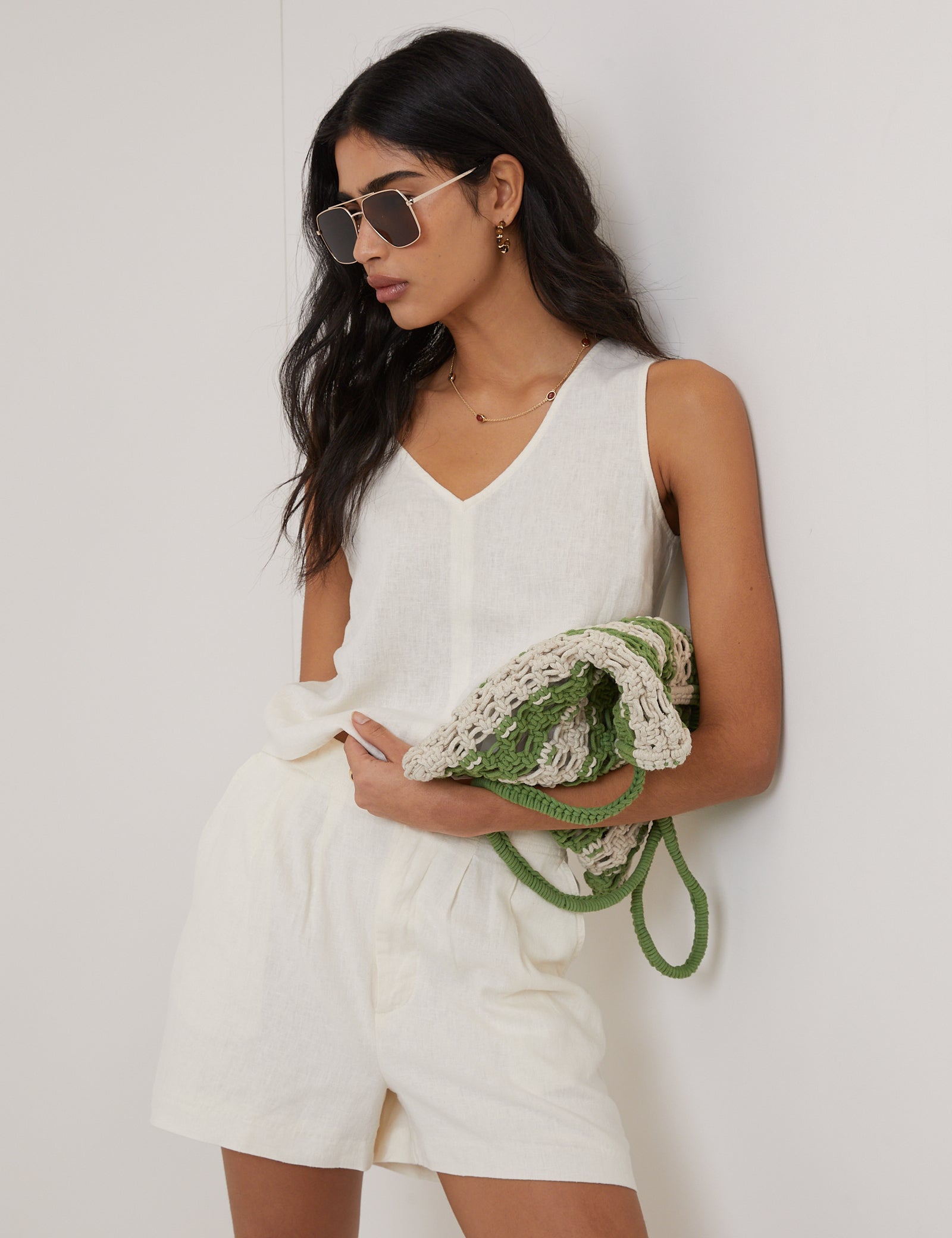 White Linen-Blend V-Neck Cropped Top