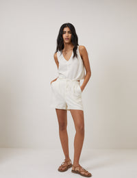 White Linen-Blend V-Neck Cropped Top