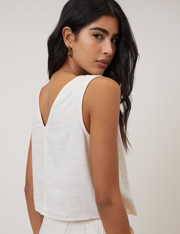 White Linen-Blend V-Neck Cropped Top