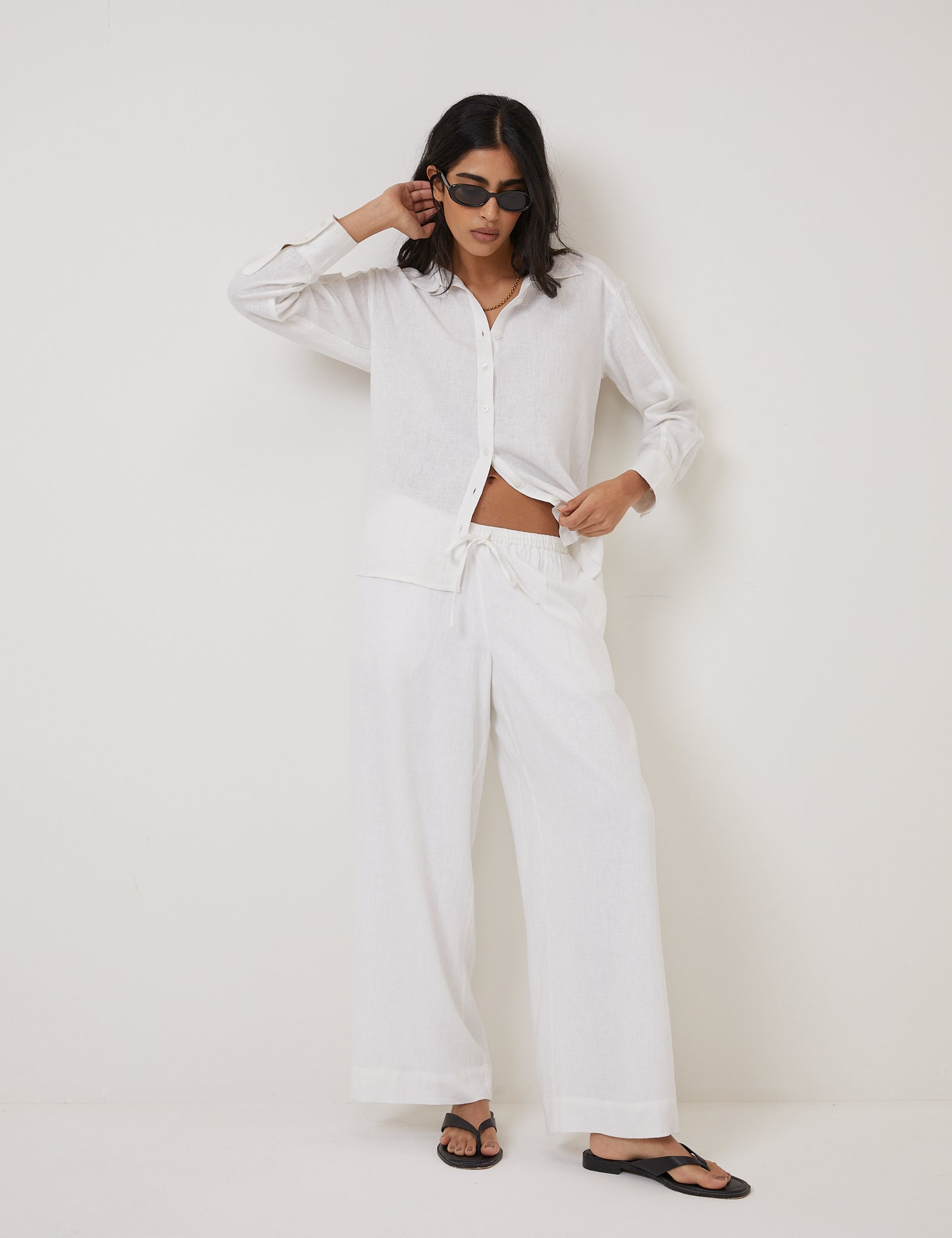 White Linen-Blend Low Waisted Straight Leg Trousers