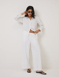 White Linen-Blend Low Waisted Straight Leg Trousers