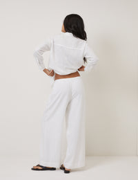 White Linen-Blend Low Waisted Straight Leg Trousers