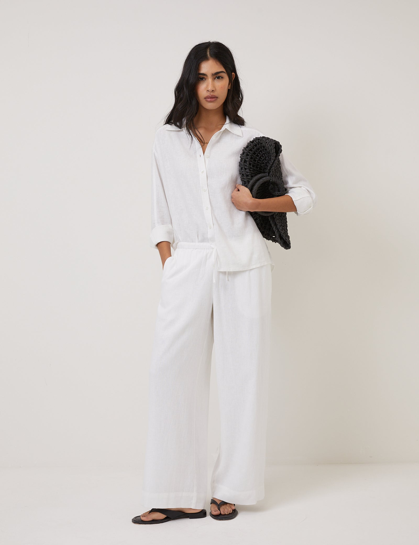 White Linen-Blend Low Waisted Straight Leg Trousers