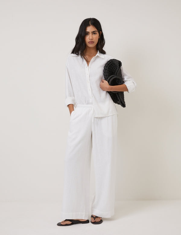 White Linen-Blend Low Waisted Straight Leg Trousers