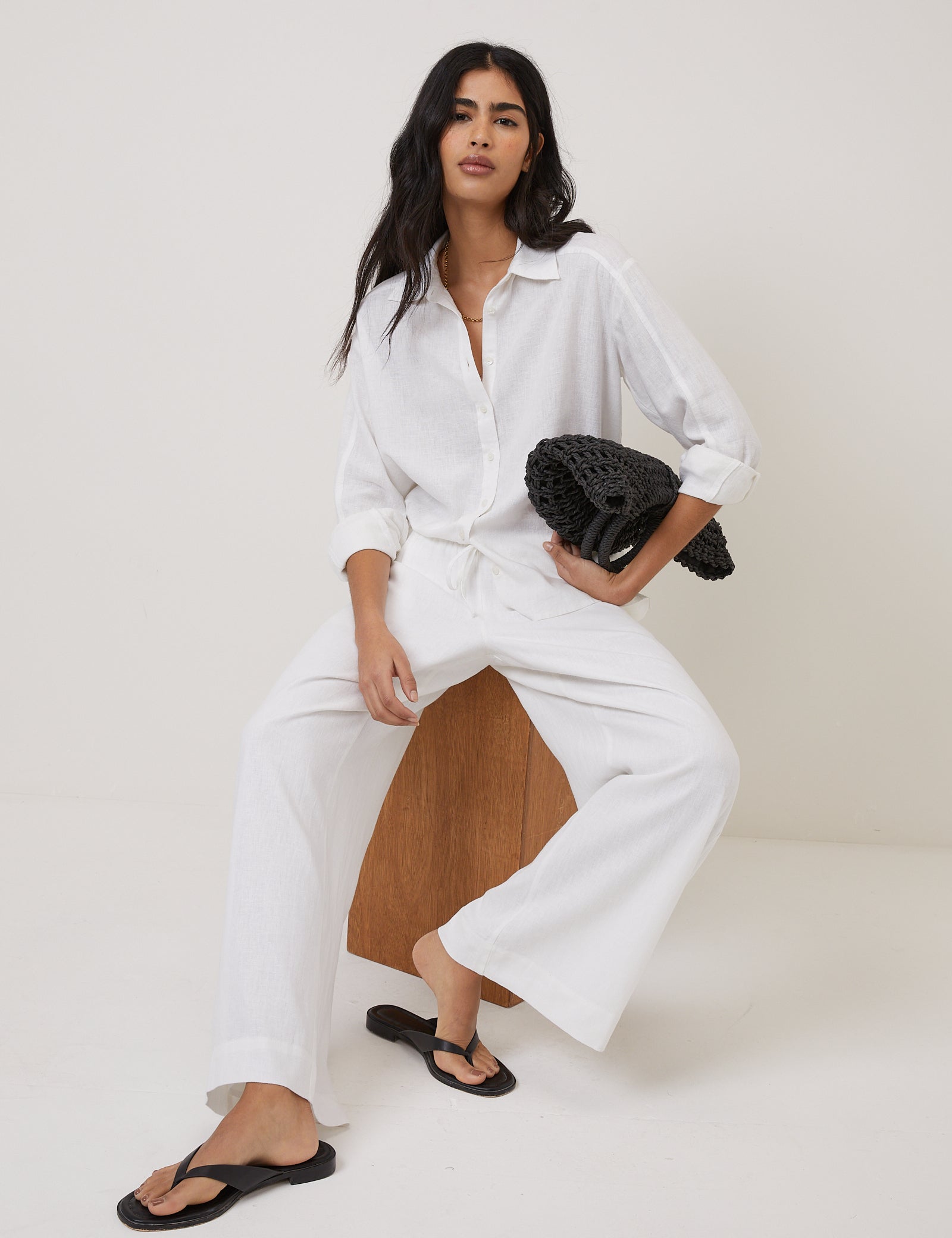 White Linen-Blend Low Waisted Straight Leg Trousers