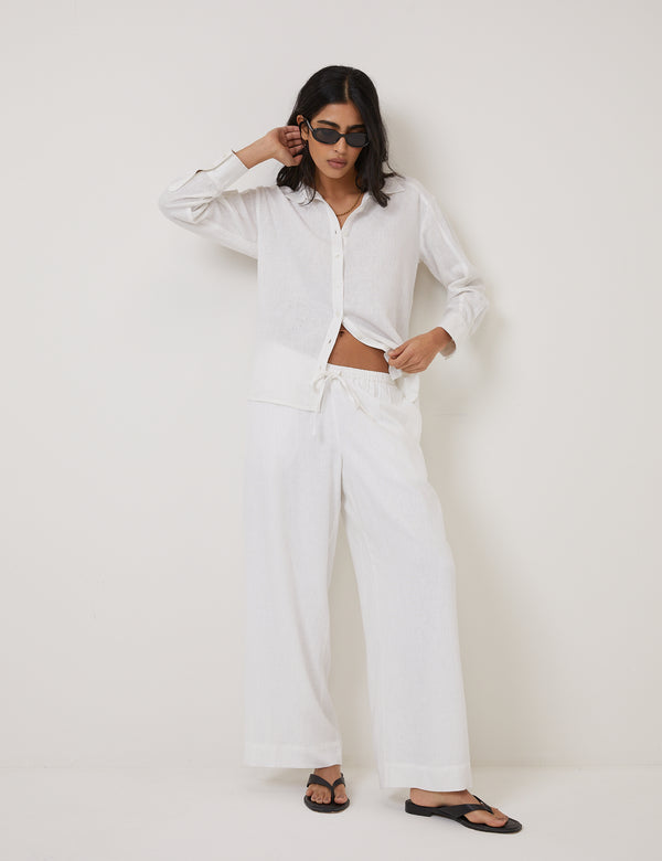 White Linen-Blend Low Waisted Straight Leg Trousers