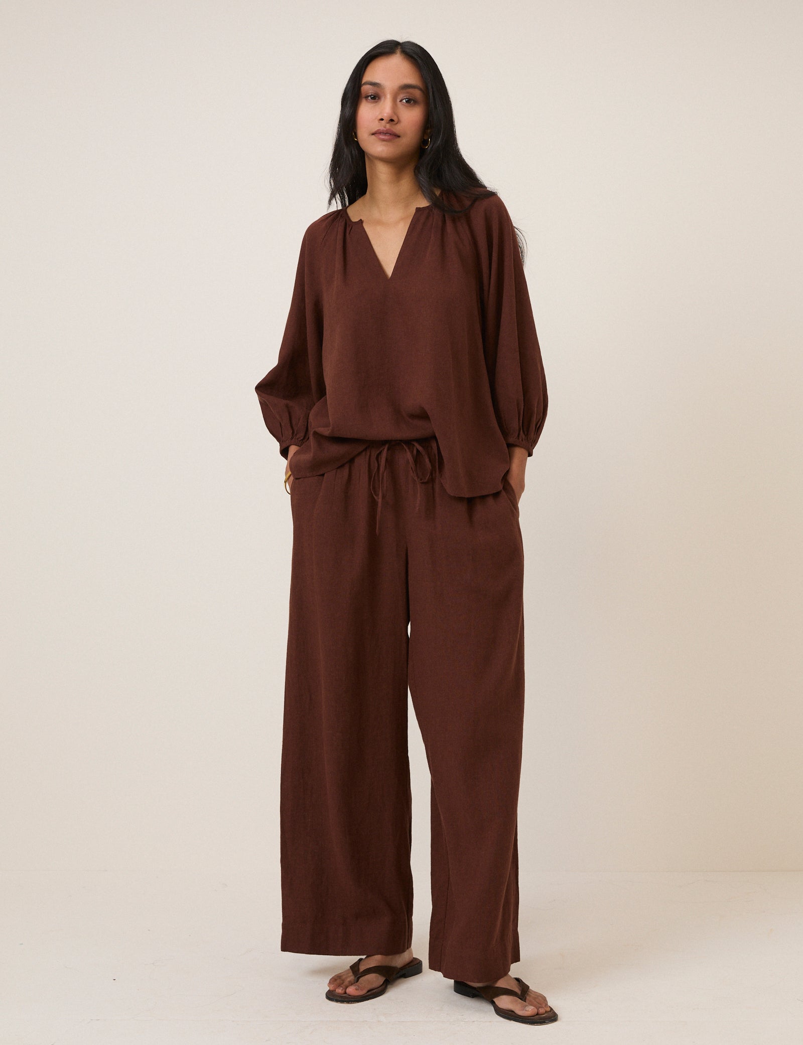 Brown Linen-Blend Straight Leg Trousers