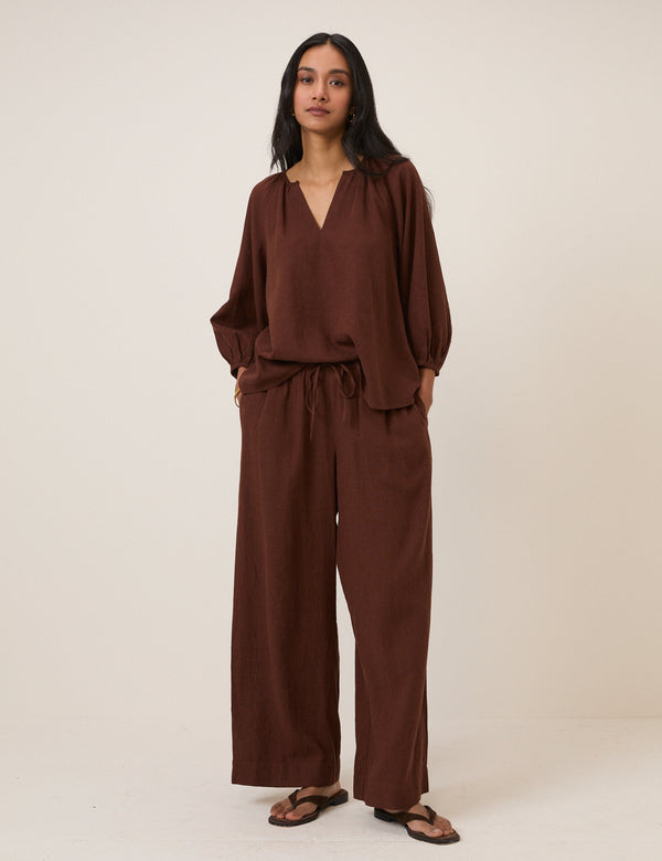 Brown Linen-Blend Straight Leg Trousers